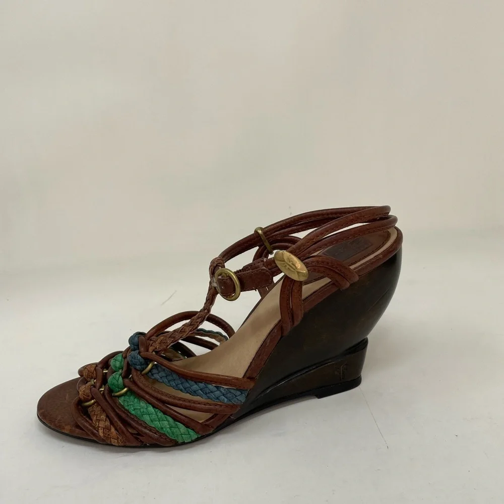 FRYE COLETE Sandals Brown Braided Leather Wedge Heels Open Toe Strappy Buckle 9